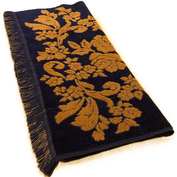 Vintage SEARS Navy Blue Rusty Gold Florals Bath Towel 25"x41" Reversible - Picture 8 of 10
